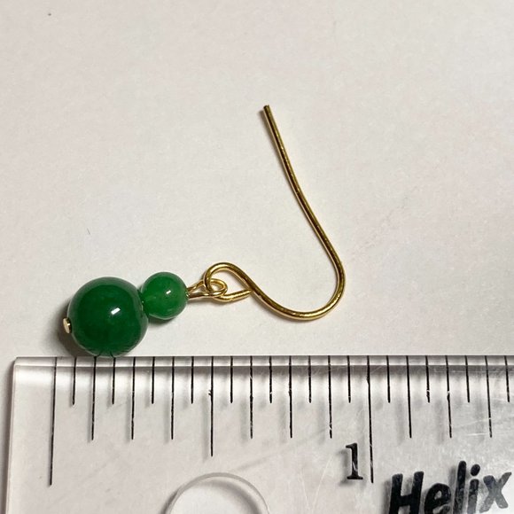 Green Jade Stone Earrings Gold Plated Dangle Round Bead Malaysian Dark 4-6mm - Picture 7 of 8